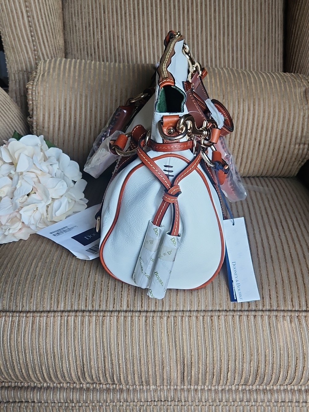 Dooney White Satchel Handbag with Brown Trim - Picture 2 of 5